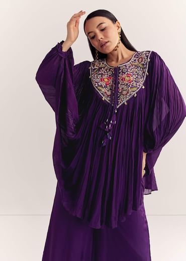 Purple Chinon Kaftan Kurta Set With Zardosi And Thread Work