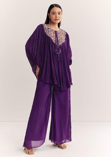 Purple Chinon Kaftan Kurta Set With Zardosi And Thread Work