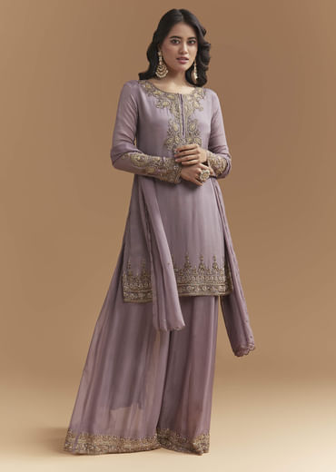 Purple Chinon Palazzo Suit With Moti And Cutdana Embroidery