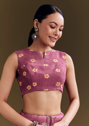 Purple Cotton Linen Saree With Faded Florals