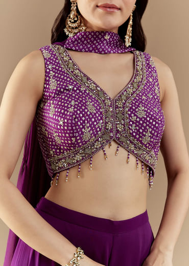 Purple Crop Top Pant Set with Bandhani Work