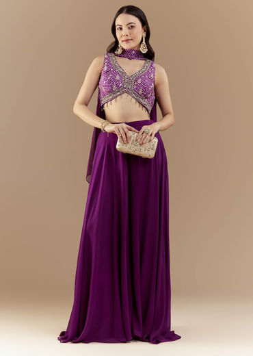 Purple Crop Top Pant Set with Bandhani Work