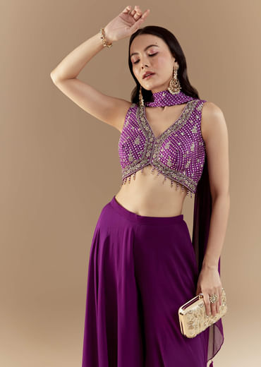 Purple Crop Top Pant Set with Bandhani Work