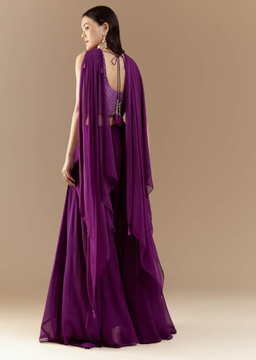 Purple Crop Top Pant Set with Bandhani Work