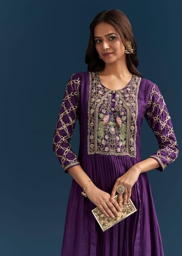 Purple Dola Silk Anarkali Suit With Gotta And Beaded Embroidery