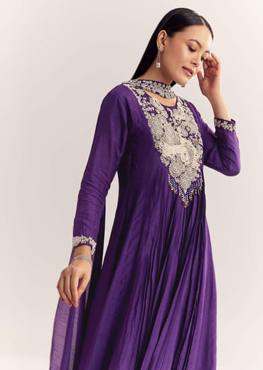 Purple Dola Silk Anarkali With Silver Zardosi And Choker Dupatta