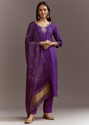 Purple Dola Silk Kurta Set With Bandhani Satin Dupatta