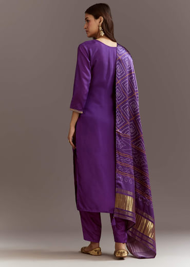 Purple Dola Silk Kurta Set With Bandhani Satin Dupatta