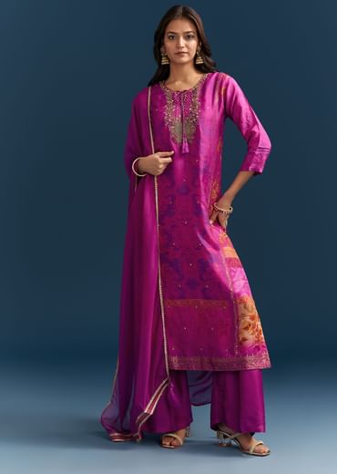 Purple Dola Silk Kurta Set With Floral Print And Embroidered Accents