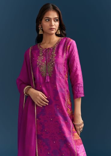 Purple Dola Silk Kurta Set With Floral Print And Embroidered Accents