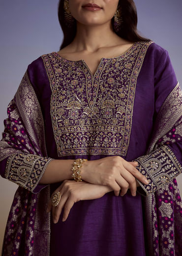 Purple Dola Silk Palazzo Suit With Heavy Embroidery