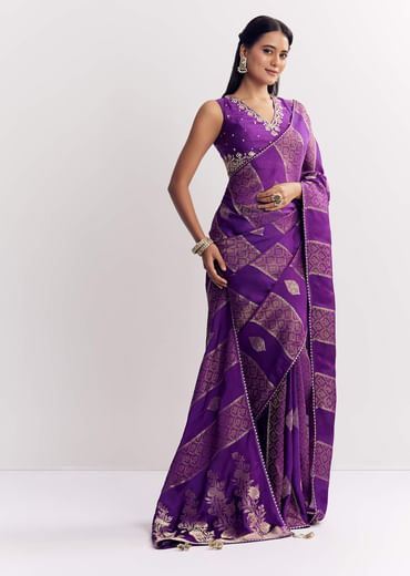 Purple Dola Silk Saree With Gota Patti Motif And Embroidered Blouse