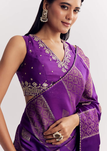 Purple Dola Silk Saree With Gota Patti Motif And Embroidered Blouse