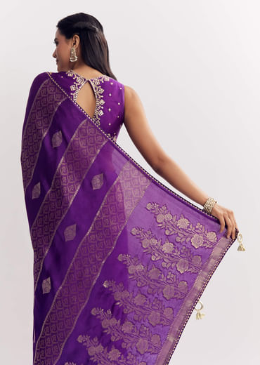 Purple Dola Silk Saree With Gota Patti Motif And Embroidered Blouse