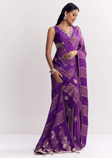Purple Dola Silk Saree With Gota Patti Motif And Embroidered Blouse