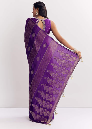 Purple Dola Silk Saree With Gota Patti Motif And Embroidered Blouse