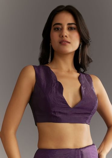 Purple Embroidered Crushed Tissue Saree With Cutdana And Sequins