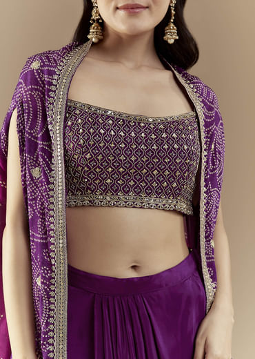Purple Fusion Crop Top Skirt Set with Bandhani Cape