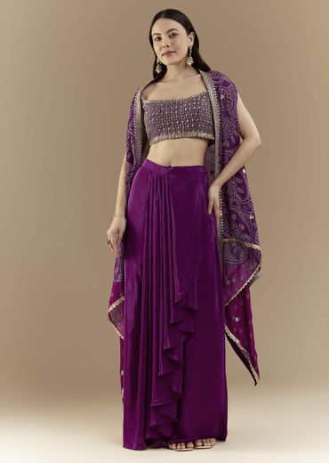 Purple Fusion Crop Top Skirt Set with Bandhani Cape