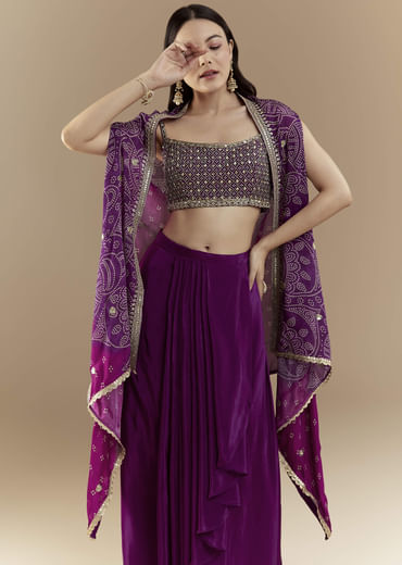 Purple Fusion Crop Top Skirt Set with Bandhani Cape