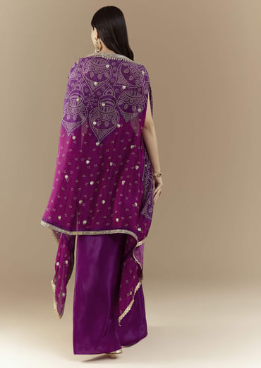 Purple Fusion Crop Top Skirt Set with Bandhani Cape