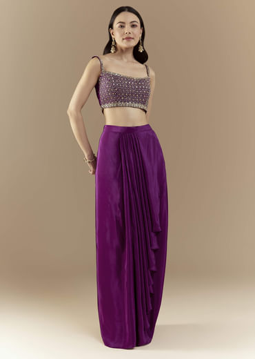 Purple Fusion Crop Top Skirt Set with Bandhani Cape