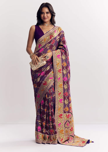 Purple Georgette Bandhani Saree With Animal Motifs And Gota Border