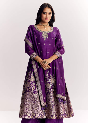Purple Jacquard Silk Anarkali Dupatta Suit With Traditional Weave