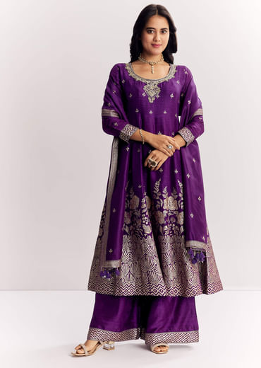 Purple Jacquard Silk Anarkali Dupatta Suit With Traditional Weave