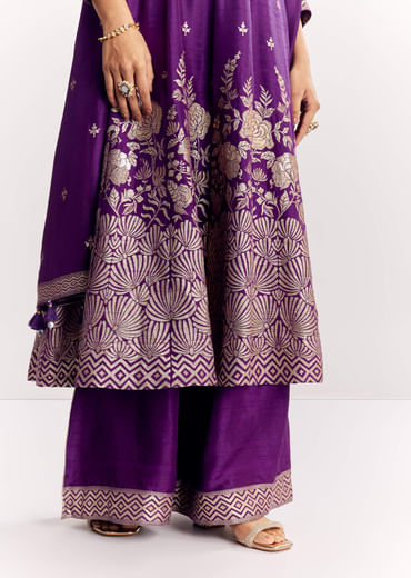 Purple Jacquard Silk Anarkali Dupatta Suit With Traditional Weave