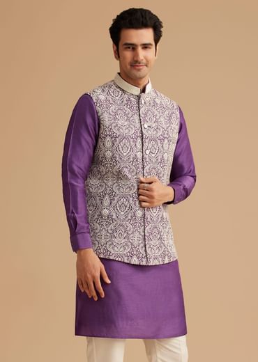 Purple Kurta Jacket Set With Resham Embroidery And Handworked Collar
