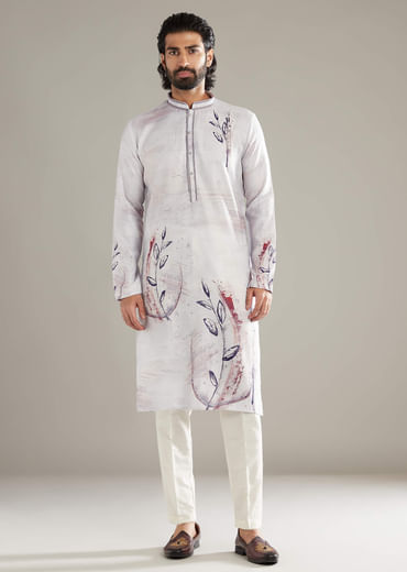 Purple Kurta Set For Men With Placement Floral Print