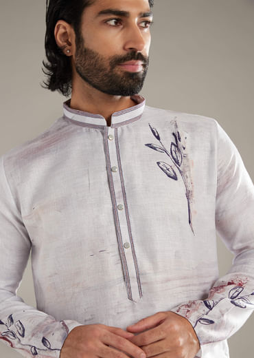 Purple Kurta Set For Men With Placement Floral Print