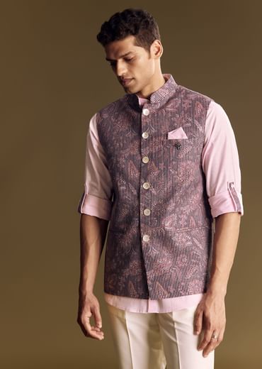 Purple Linen Jacket And Shirt Featuring Floral Kantha Detailing