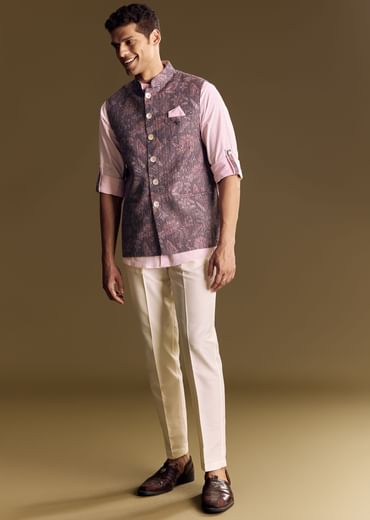 Purple Linen Jacket And Shirt Featuring Floral Kantha Detailing