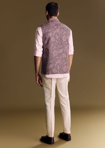 Purple Linen Jacket And Shirt Featuring Floral Kantha Detailing