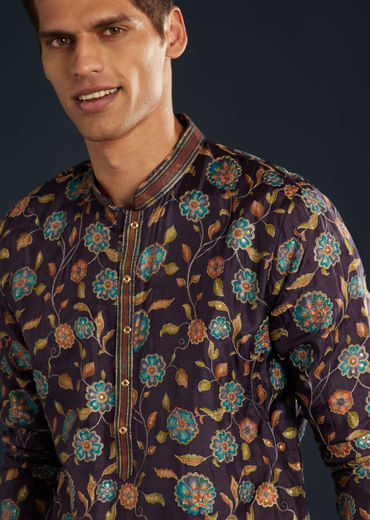 Purple Mens Floral Print Silk Kurta Set with Sequin Work