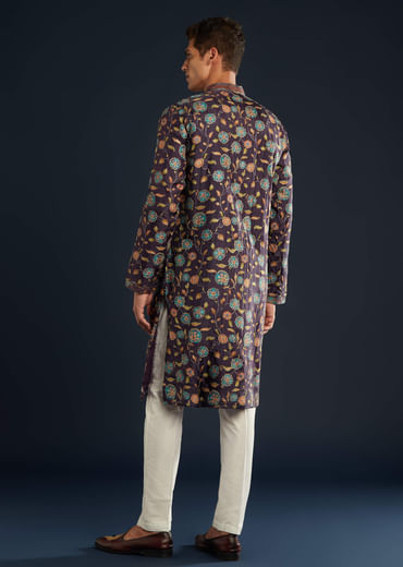 Purple Mens Floral Print Silk Kurta Set with Sequin Work