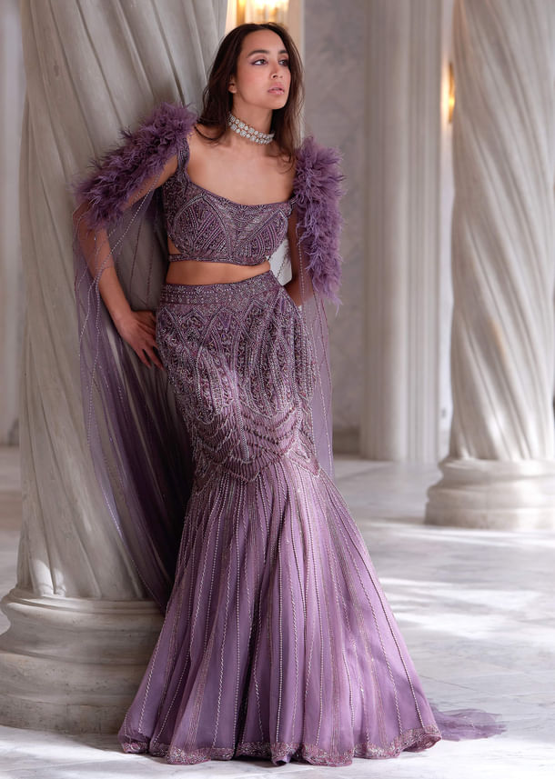 Purple Net Bridal Lehenga With Cutdana And Beads Embroidery