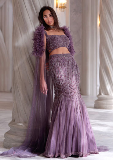 Purple Net Bridal Lehenga With Cutdana And Beads Embroidery