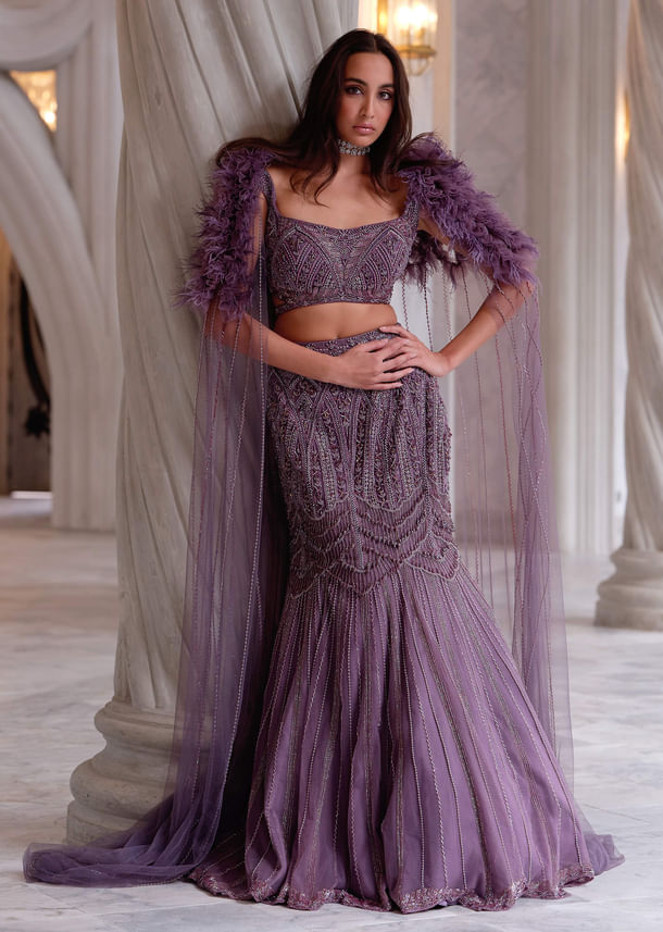Purple Net Bridal Lehenga With Cutdana And Beads Embroidery