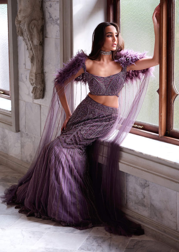 Purple Net Bridal Lehenga With Cutdana And Beads Embroidery