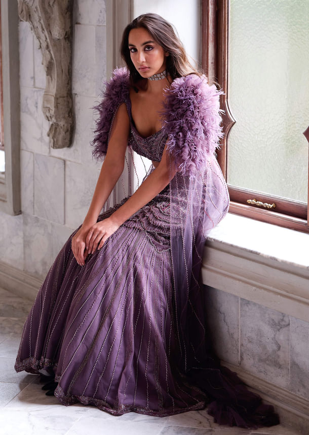 Purple Net Bridal Lehenga With Cutdana And Beads Embroidery