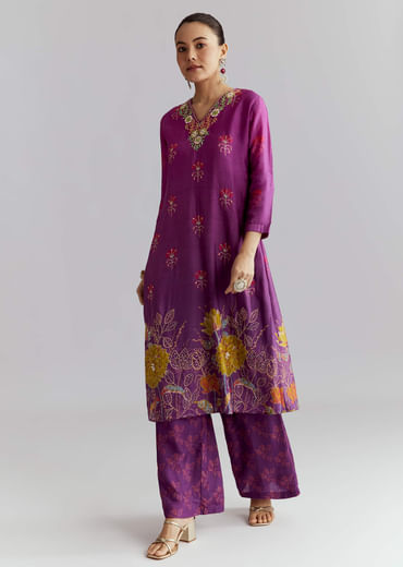 Purple Ombre Crepe Palazzo Suit With Floral Print