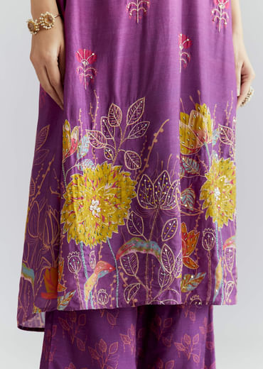 Purple Ombre Crepe Palazzo Suit With Floral Print