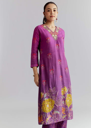 Purple Ombre Crepe Palazzo Suit With Floral Print
