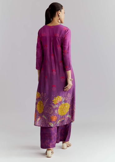 Purple Ombre Crepe Palazzo Suit With Floral Print