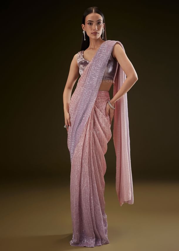 Purple Ombre Ready Draped Sequin Saree With Fancy Blouse Purple Ombre Ready Draped Sequin Saree With Fancy Blouse