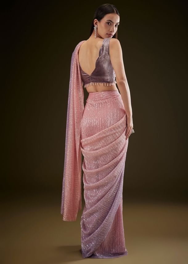 Purple Ombre Ready Draped Sequin Saree With Fancy Blouse Purple Ombre Ready Draped Sequin Saree With Fancy Blouse