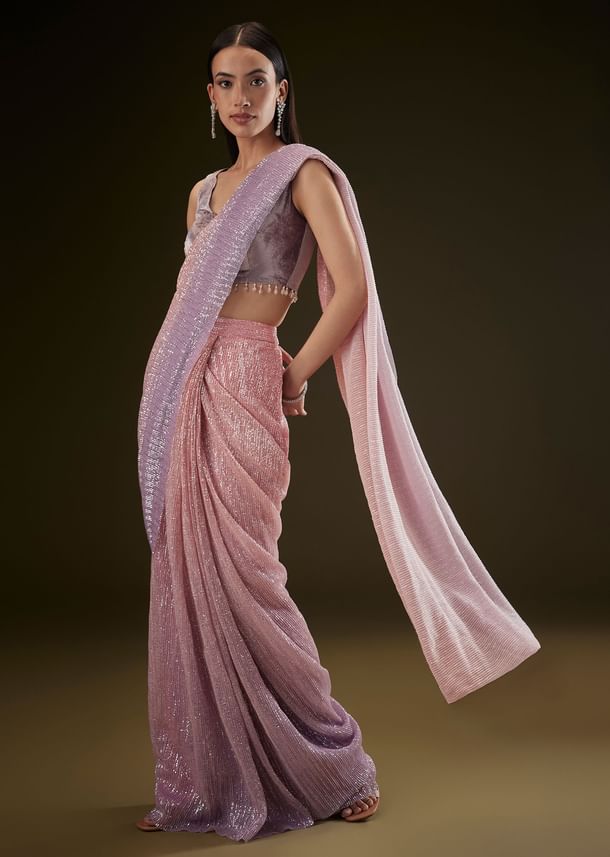 Purple Ombre Ready Draped Sequin Saree With Fancy Blouse Purple Ombre Ready Draped Sequin Saree With Fancy Blouse